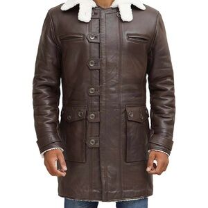 Men's Brown Leather Coat with Shearling Collar